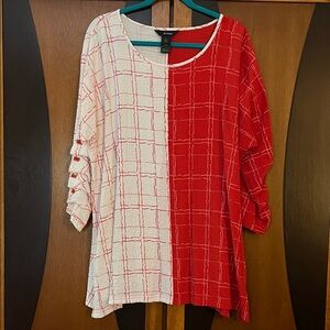 Ali Miles Red-White Plaid Scoop Neck Top w/Button & Pleat Detail on Long Sleeves